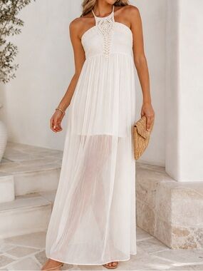 Express 2016 Ivory Crochet Sheer Maxi Empire Waist Mini Dress XS Summer Dress